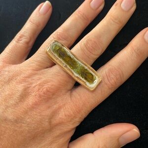 Ceramic glass ring. Statement ring. art to wear. Bar green brown adjustable band